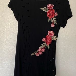 Black T-Shirt with Red Rose Embroidery